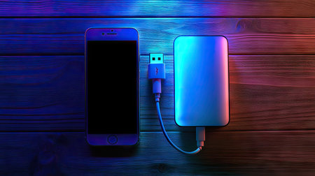 A top-down shot of a smartphone and portable power bank, both connected by a USB cable, with a charger light indicator glowingの素材