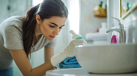 A woman carefully cleaning a toilet in a bright bathroom with a focused expression, with cleaning sprays and cloths visible on the counterの素材