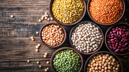 A variety of dry legumes like lentils, chickpeas, and kidney beans arranged in bowls on a wooden table, promoting a healthy dietの素材