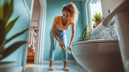 A woman in a clean bathroom, scrubbing the toilet with a brush, showing her dedication to maintaining a hygienic and organized spaceの素材