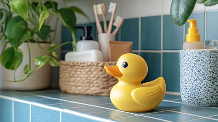 A yellow rubber toy duck on a tiled bathroom countertop with bath essentials like shampoo and soap visible in the backgroundの素材