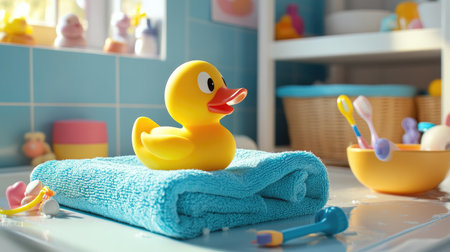 A yellow rubber toy duck on a child's towel, with colorful bath accessories and toys scattered around the bathroomの素材