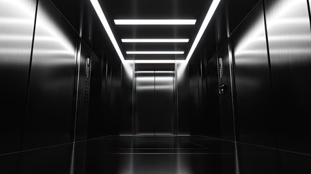 A wide-angle shot of a modern elevator with shiny metal doors opening in a well-lit building, emphasizing the minimalist designの素材