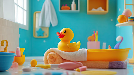 A yellow rubber toy duck on a child's towel, with colorful bath accessories and toys scattered around the bathroomの素材