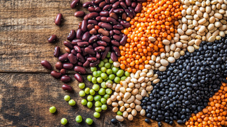 A variety of dry legumes like kidney beans, black beans, and peas, scattered across a wooden surface for a nutritious and healthy dietの素材