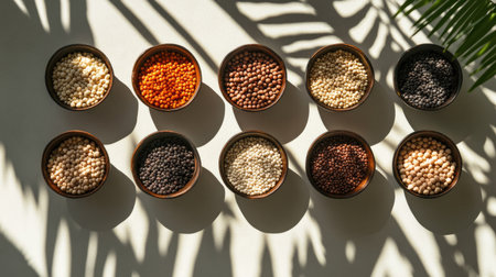 A top-down view of a selection of dry legumes like lentils, chickpeas, and mung beans, displayed in small bowls with natural lightingの素材