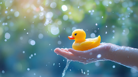 A yellow rubber duck in a child's hand, ready for bath time, with soft water splashing in the backgroundの素材