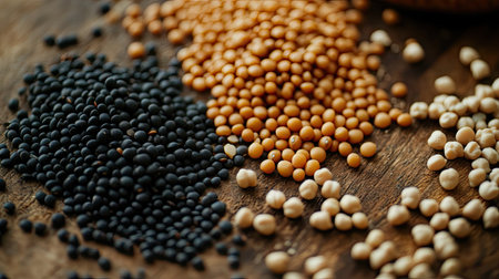 Close-up of different dry legumes, including black beans, chickpeas, and lentils, scattered on a wooden surface, ready for cookingの素材
