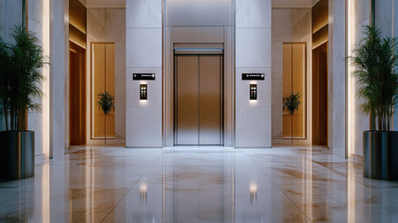 A wide shot of a modern elevator with polished metal doors, located in a luxurious building, with a clean and minimal backdropの素材