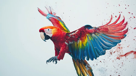 A vivid macaw in flight, frozen in time with wings fully spread, captured on a white background for a minimalist and eye-catching shotの素材