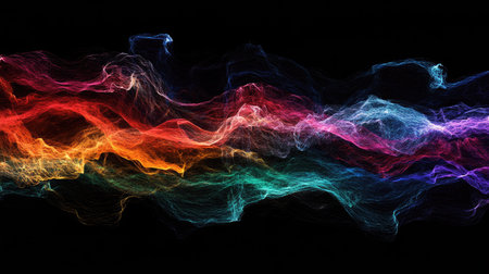Abstract representation of sound waves in motion, glowing in various bright colors against a dark background.の素材