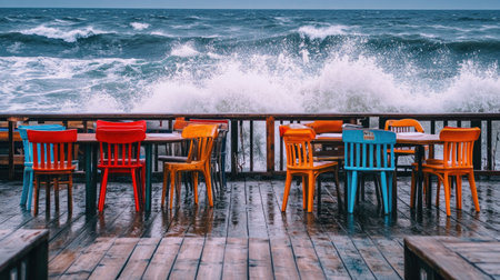 A beach caf with bright chairs and wooden tables arranged on a wooden deck, the waves crashing nearby.の素材