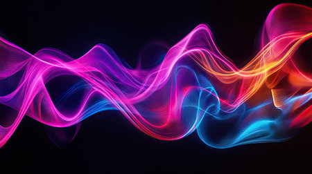 Abstract, swirling sound waves in neon hues, dancing across a black background with fluid, rhythmic movement.の素材