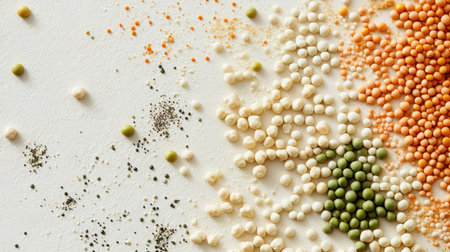 A variety of dry legumes such as lentils, peas, and chickpeas displayed on a clean, neutral background, perfect for promoting a healthy lifestyleの素材
