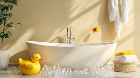 A yellow rubber duck next to a bubble-filled bathtub, creating a fun, inviting atmosphere for kids' bath timeの素材