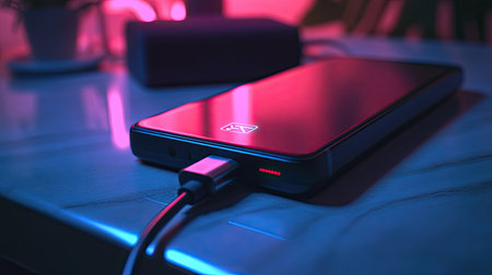 Close-up of a smartphone plugged into a portable power bank with a USB cable, showing the charging icon on the phone screenの素材