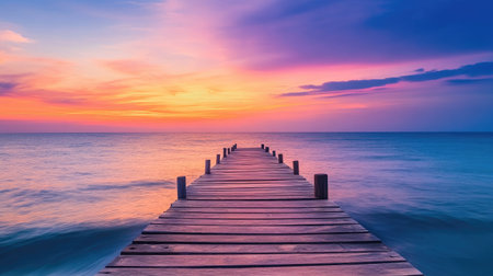 A beautiful wooden pier stretching out into the sea, with colorful sunset hues casting their glow over the water.の素材