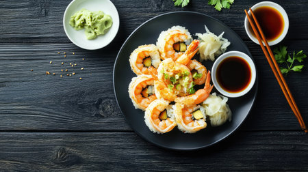 A beautifully arranged plate of shrimp tempura with a side of wasabi, ginger, and soy sauce, placed on a dark wooden table.の素材