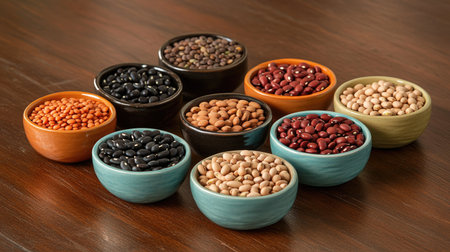 Various dry legumes, including kidney beans, black beans, and lentils, placed in small bowls on a wooden surface, ready for healthy mealsの素材