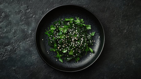 A black plate filled with fresh wakame seaweed salad, sprinkled with white sesame seeds, set on a dark textured background.の素材
