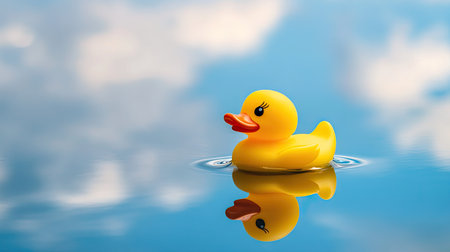 A yellow rubber toy duck floating on the water's surface, surrounded by soft reflections of clouds and blue skiesの素材