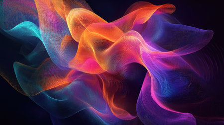 Abstract sound wave patterns glowing in neon colors against a deep black background, symbolizing music and energy.の素材