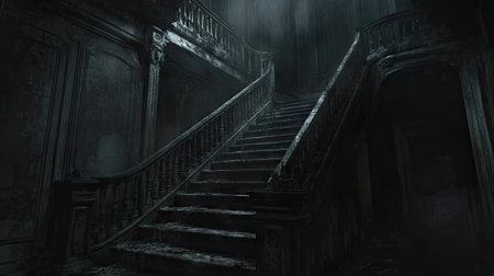 An old, broken staircase in a forgotten building, disappearing into eerie darkness.の素材