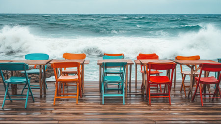 A beach caf with bright chairs and wooden tables arranged on a wooden deck, the waves crashing nearby.の素材