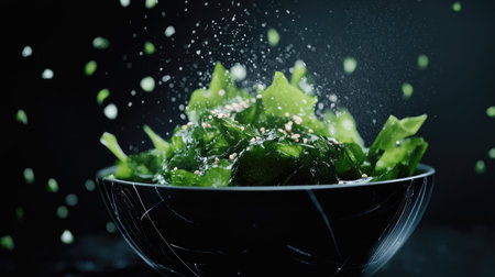 A bowl of fresh wakame seaweed salad with a sprinkle of sesame seeds, presented beautifully on a black plate against a dark background.の素材