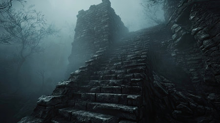 An ancient stone staircase surrounded by fog, leading up into an abyss of shadows.の素材
