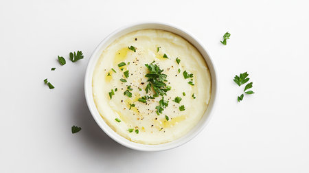 A bowl of creamy mashed potatoes garnished with fresh parsley, placed on a clean white background. Soft lighting enhances the texture.の素材