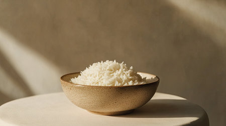 A bowl of fluffy cooked white rice, served in a simple ceramic dish on a neutral background with soft lighting.の素材