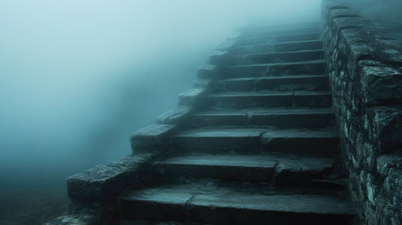 An ancient stone staircase surrounded by fog, leading up into an abyss of shadows.の素材
