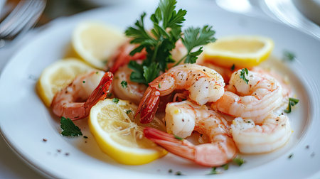 A beautifully arranged seafood dish featuring fresh shrimp, lemon slices, and sprigs of parsley on a white plate.の素材