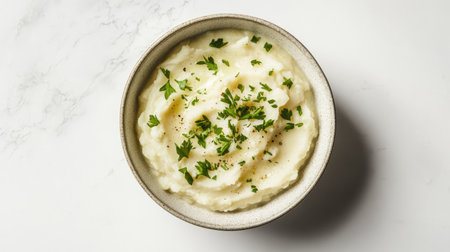 A bowl of creamy mashed potatoes garnished with fresh parsley, placed on a clean white background. Soft lighting enhances the texture.の素材