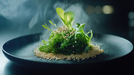 An artistic food composition of wakame seaweed salad with sesame seeds, elegantly arranged on a round black plate with moody lighting.の素材