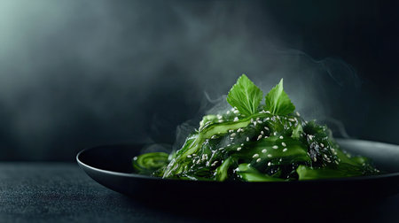 A beautifully plated wakame seaweed salad with sesame seeds on a black dish, highlighting the glossy texture and rich green color.の素材