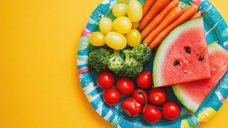 A colorful plastic plate with an assortment of fresh fruits and veggies, including watermelon, cherry tomatoes, and carrotsの素材