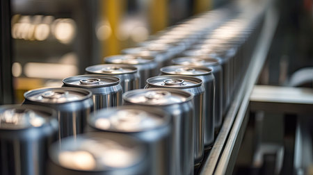 A gleaming production line of aluminum cans ready for final inspection in a food manufacturing plant.の素材