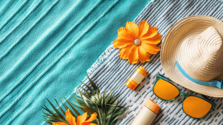 A flat lay of sun protection gear on a beach towel, including sunscreen, sunhat, and sunglasses, perfect for a sunny seaside dayの素材