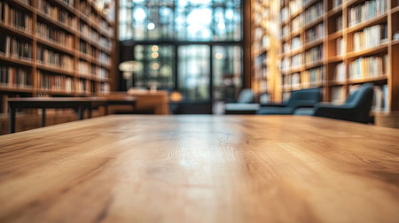 A long wooden table with a blurred view of a modern library, cozy seating areas, and study desks in the background.の素材