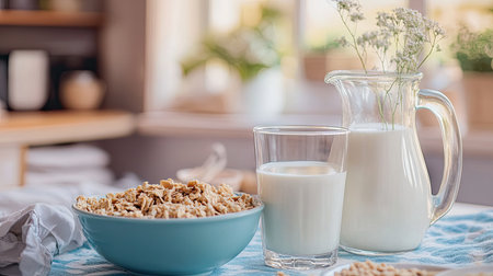 A fresh morning breakfast setup with a jug of milk, a glass, and a bowl of cereal.の素材