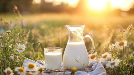 A glass jug and glass of milk placed on a table outdoors, with a sunlit meadow in the background.の素材