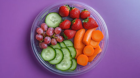 A kids' plastic plate filled with fresh fruit like grapes, strawberries, and slices of carrot and cucumber, arranged for a playful mealの素材