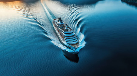 A cruise ship making a turn, leaving behind a curved wake pattern in the calm sea.の素材