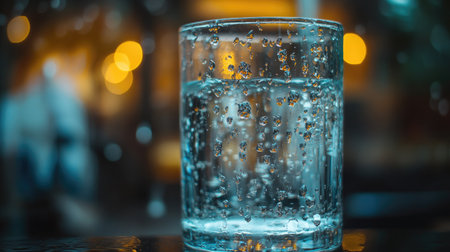 A glass covered with water droplets, showcasing the texture of the glass with a blurred, out-of-focus scene in the backgroundの素材