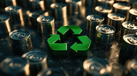 A green recycling symbol surrounded by empty metal food cans, emphasizing eco-friendly practices.の素材
