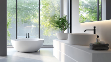 A modern bathroom with a sleek white sink and large mirror, showcasing a clean and minimalist designの素材