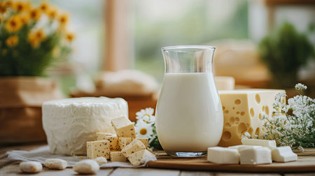 A farmhouse-style composition with a jug and glass of milk surrounded by fresh dairy products.の素材