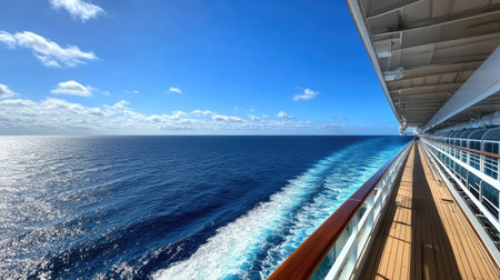 A luxurious cruise ship's trail of white foam stretching into the distance under a brilliant blue sky.の素材